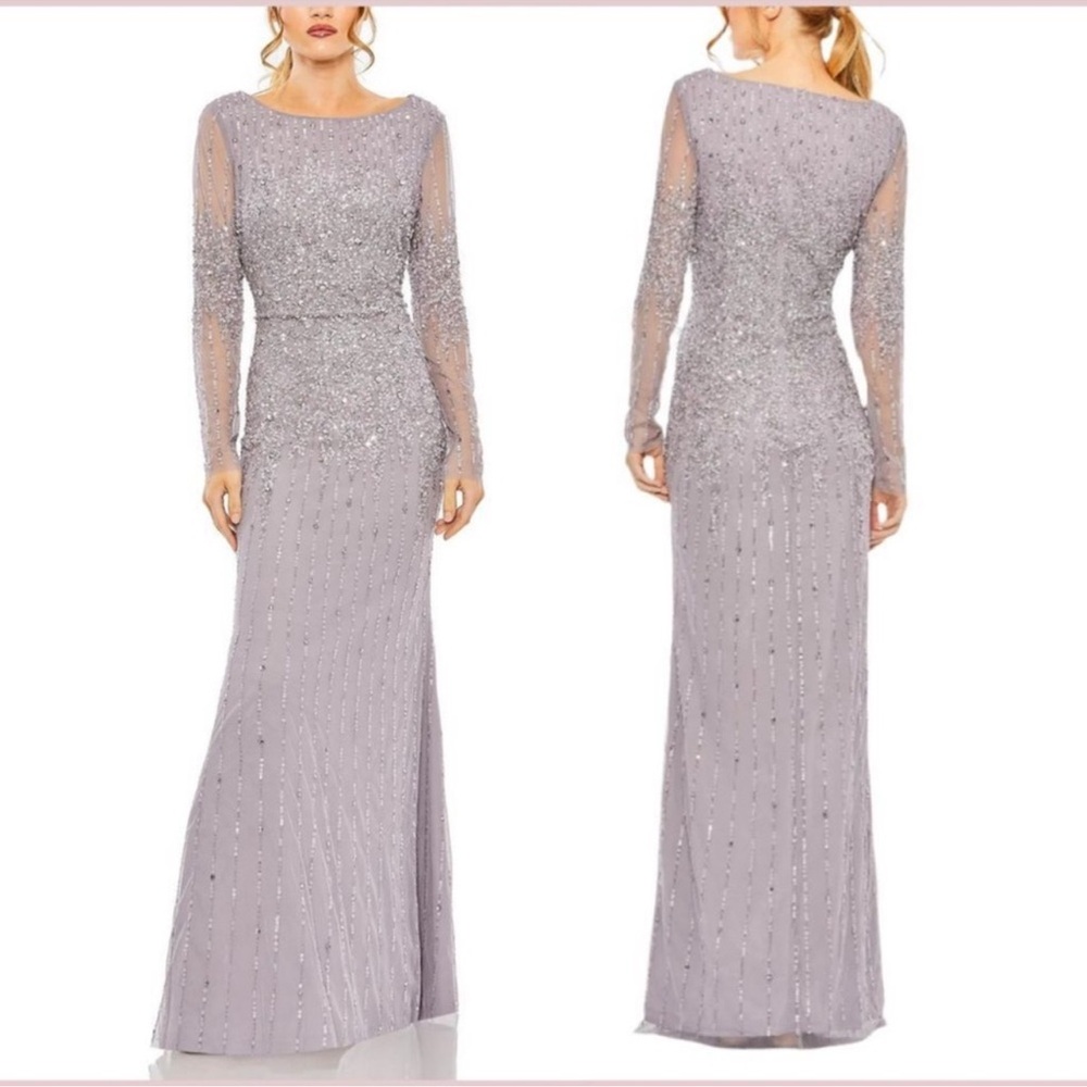 MAC DUGGAL High Neck Sequin Embellished
Long Sleeve A-Line Gown In Vintage Lilac